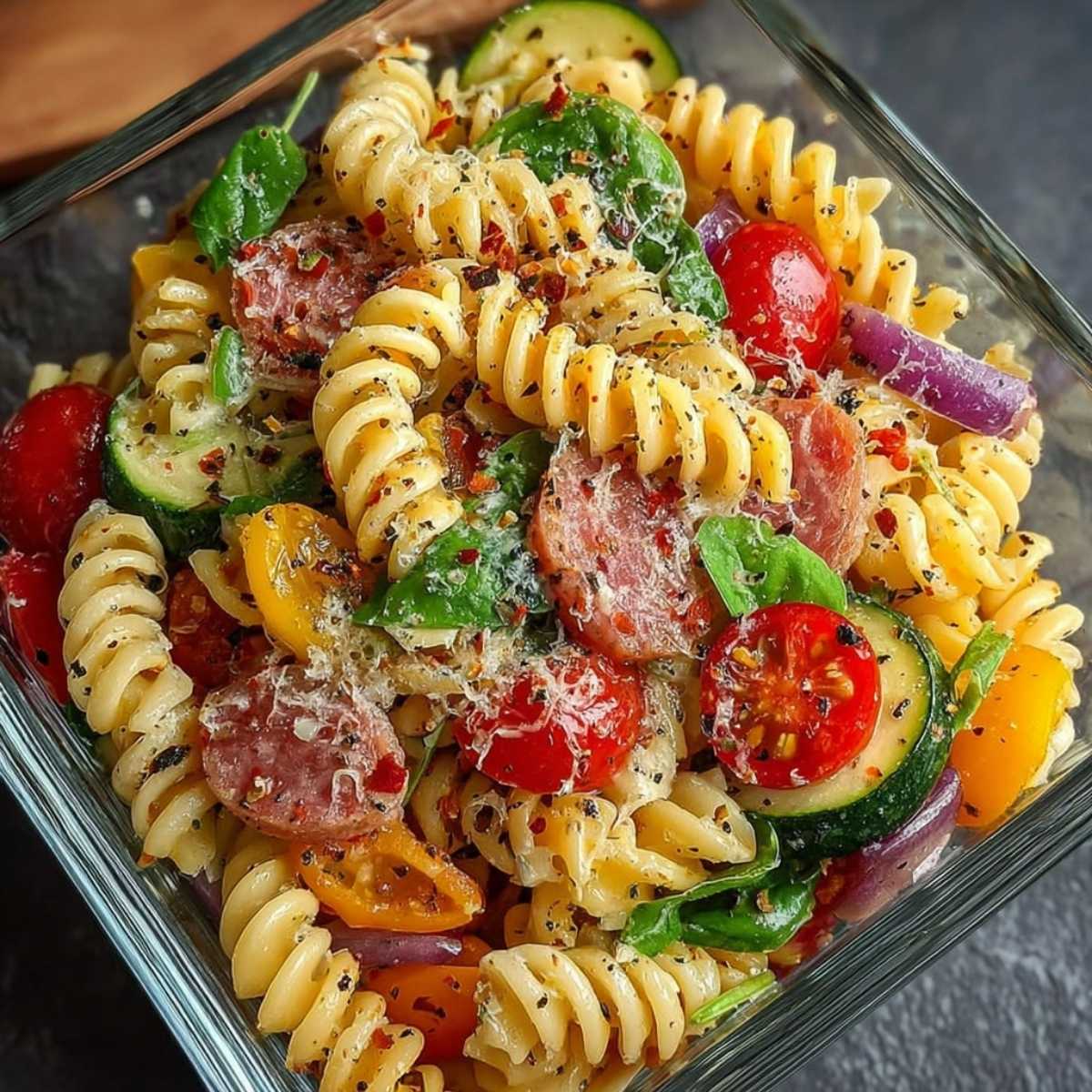 Close-up of High Protein Italian Pasta Salad showing colorful rotini pasta and fresh vegetables, garnished with red pepper flakes and Parmesan cheese in a glass bowl