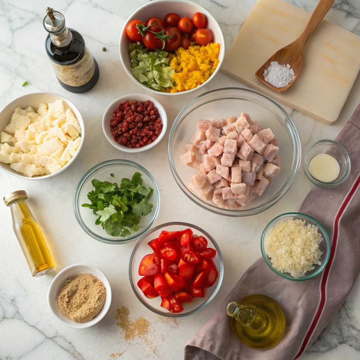 Fresh ingredients for High Protein Italian Pasta Salad including chickpea pasta, turkey pepperoni, mozzarella, and bell peppers arranged on a modern marble surface