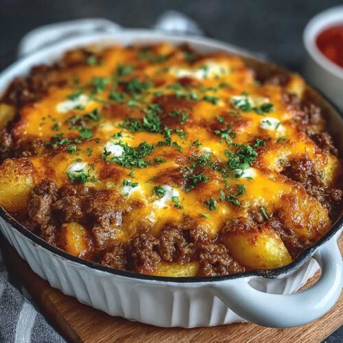 Close-up of Hobo Casserole showing a golden-brown potato top and bubbly melted cheese, garnished with fresh parsley in a white baking dish.
