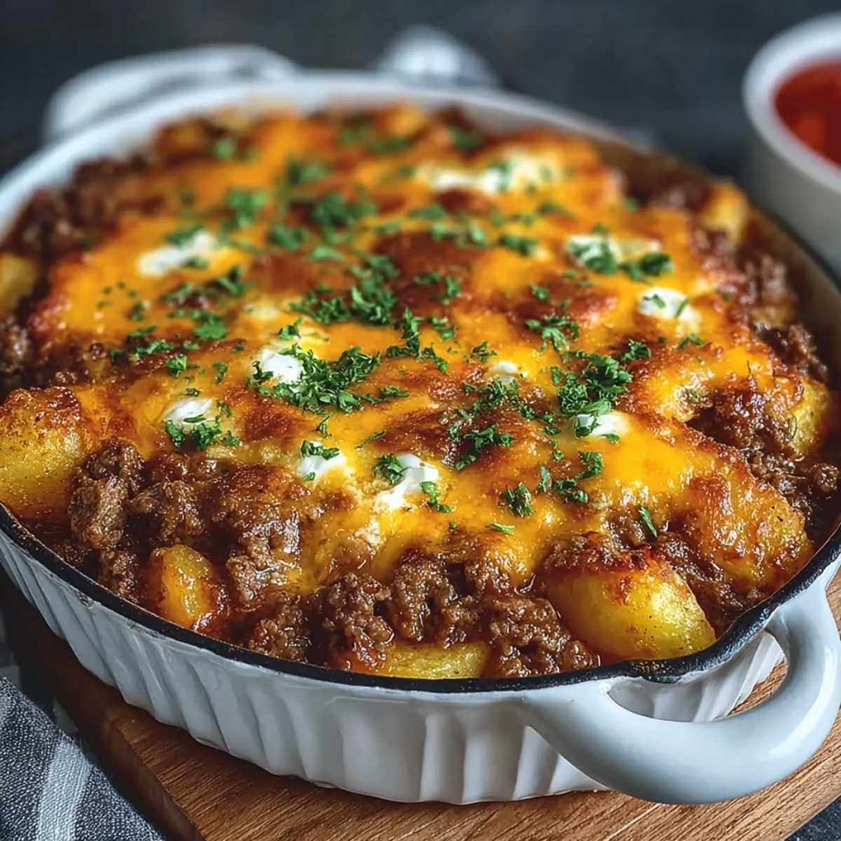 Close-up of Hobo Casserole showing a golden-brown potato top and bubbly melted cheese, garnished with fresh parsley in a white baking dish.