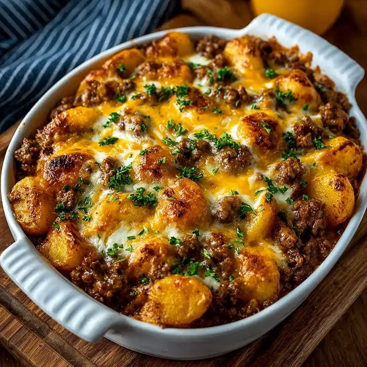 Hobo Casserole in a white baking dish on a wooden board, showcasing its golden-brown potato top and melted cheddar cheese with ground beef