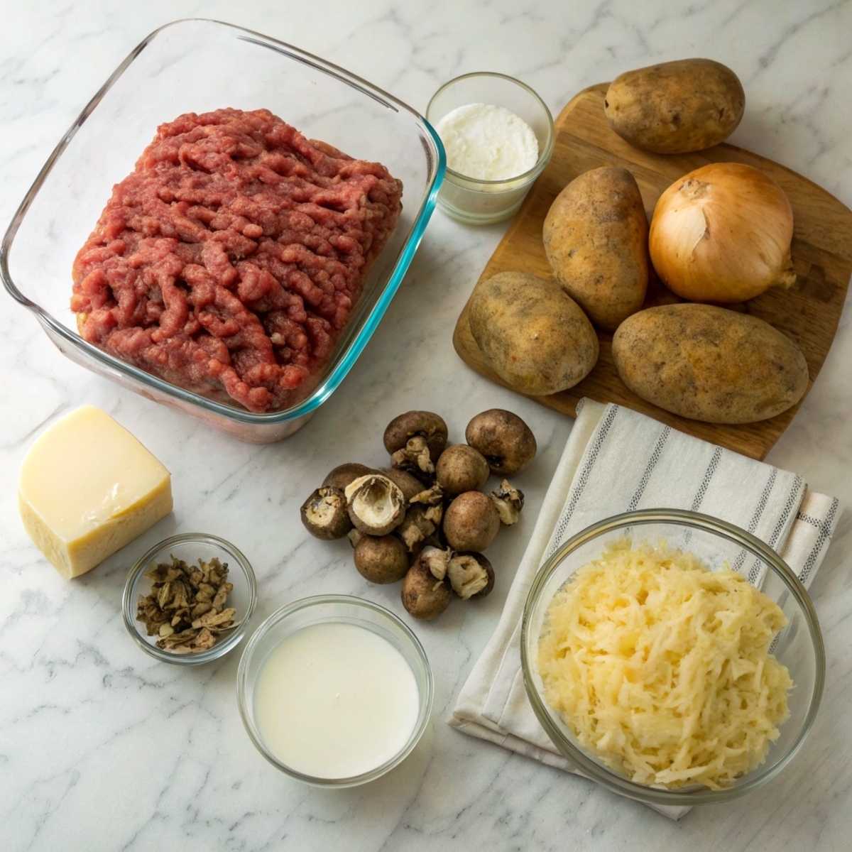 Fresh ingredients for Hobo Casserole including ground beef, russet potatoes, cream of mushroom soup, and cheddar cheese arranged on a marble surface