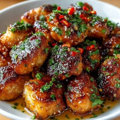 Close-up of Honey Garlic Chicken Bites showing glistening sticky sauce and golden-brown chicken, garnished with fresh herbs and chili flakes in a white bowl