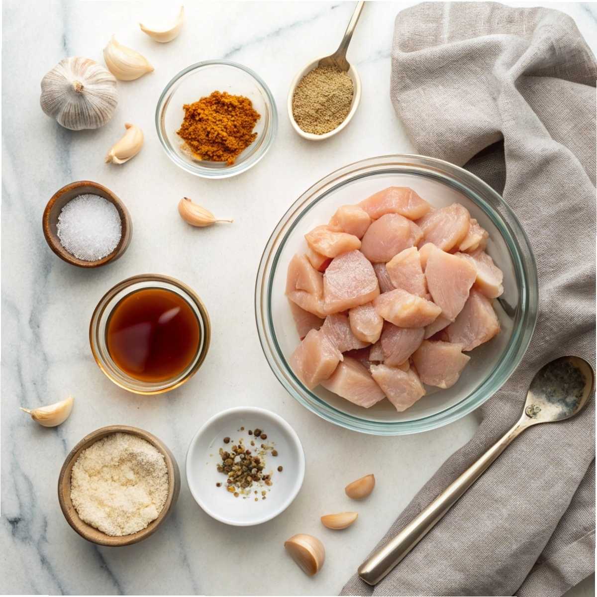 Fresh ingredients for Honey Garlic Chicken Bites including raw chicken, honey, soy sauce, and fresh garlic cloves arranged on a modern marble surface