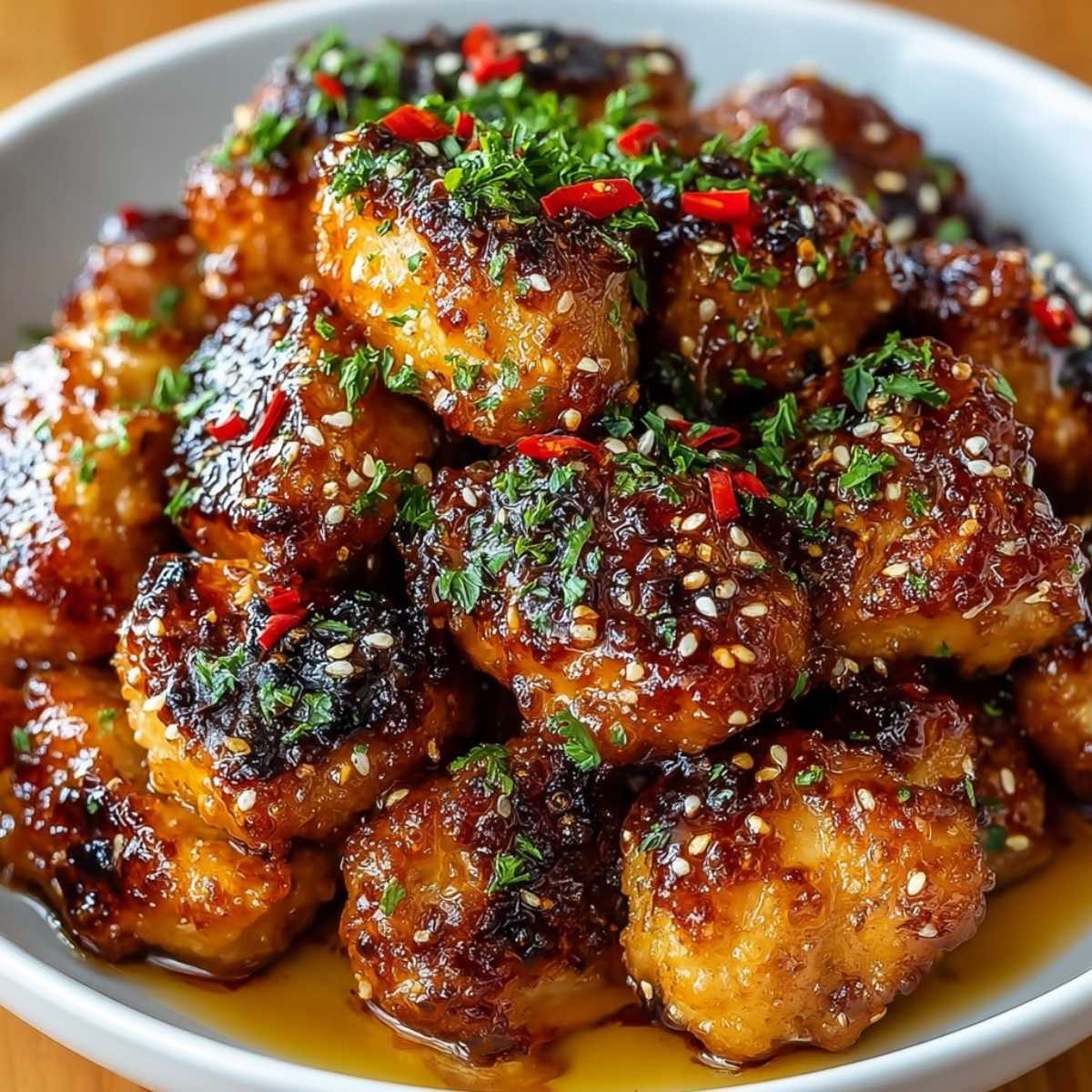 Honey Garlic Chicken Bites in a white bowl, showcasing their sticky, glossy sauce with sesame seeds and fresh parsley, on a light wooden surface