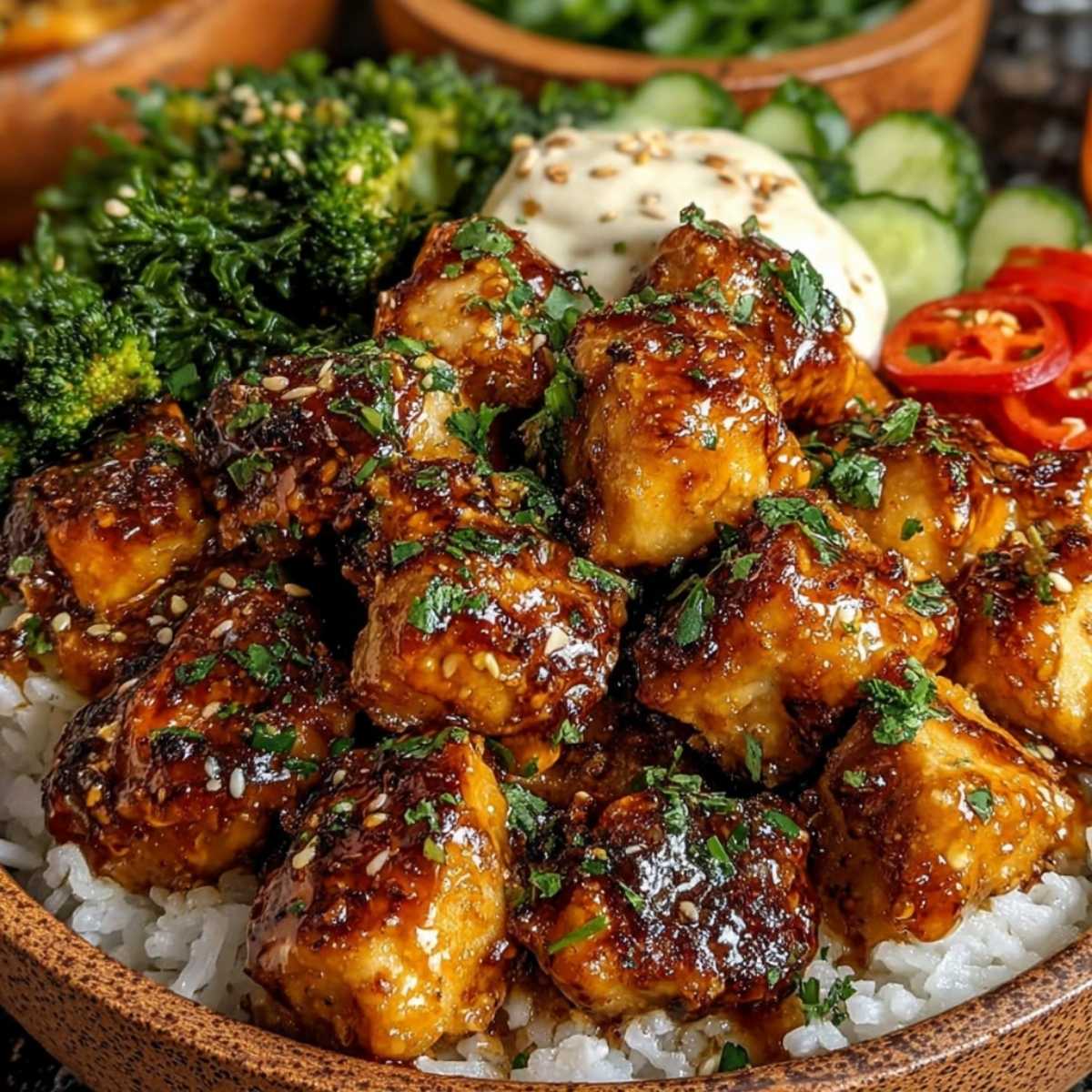 Close-up of a Hot Honey Chicken Bowl showing the glossy, charred glaze on the chicken and vibrant green broccoli, garnished with sesame seeds in a ceramic bowl