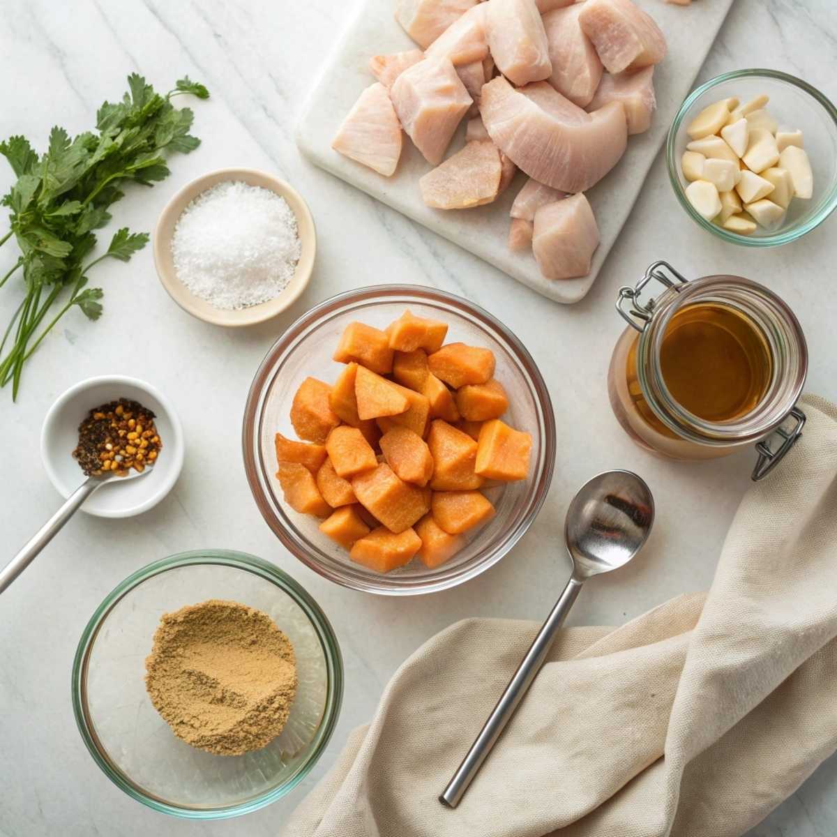 Fresh ingredients for Hot Honey Chicken Bowl including chicken thighs, sweet potatoes, and honey arranged on a modern marble surfac