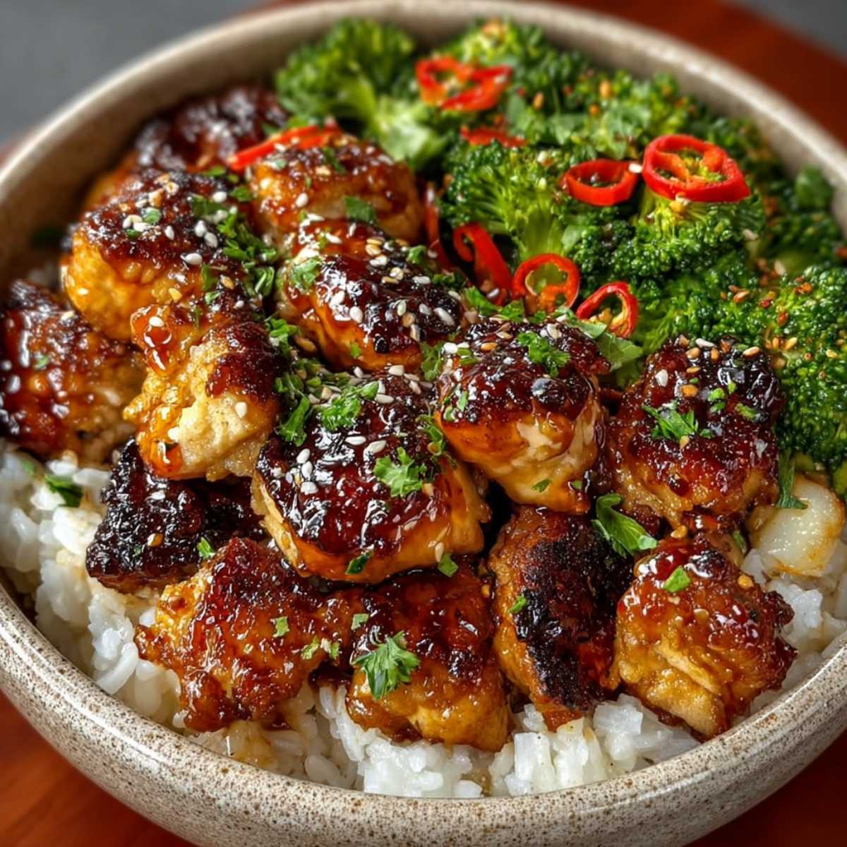 Hot Honey Chicken Bowl on a modern ceramic bowl, showcasing its glossy teriyaki-like glaze with tender chicken pieces and vibrant broccoli