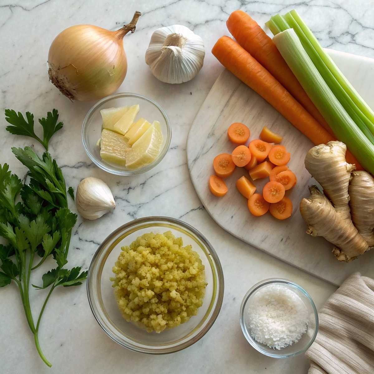 Fresh ingredients for Italian Penicillin Soup including carrots, celery, onion, and pastina arranged on a modern marble surface