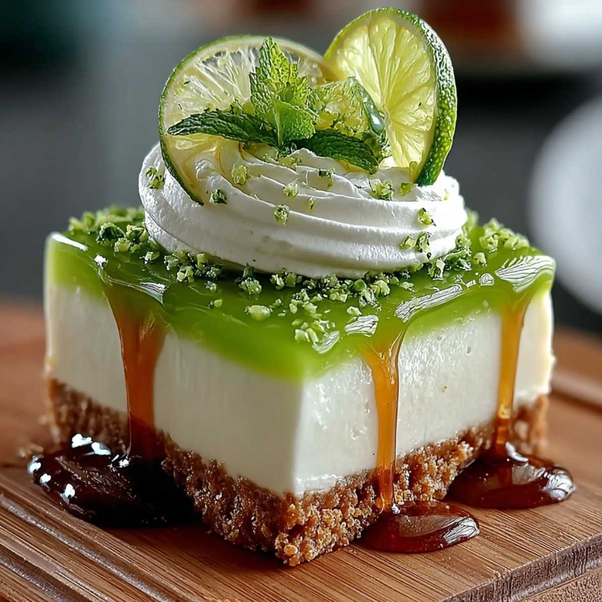 Close-up of a Lime Mousse Cheesecake slice with creamy filling and green glaze, garnished with lime and mint on a wooden board.