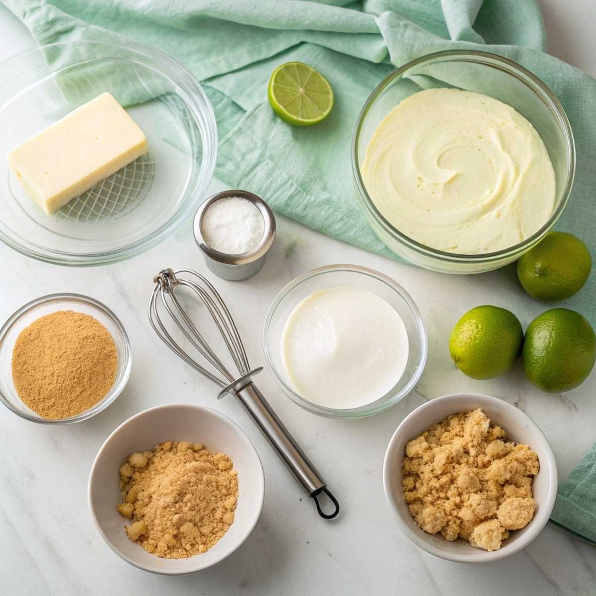 Fresh ingredients for Lime Mousse Cheesecake including cream cheese, limes, and graham crackers laid out on a marble surface.