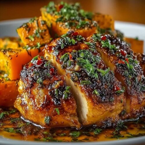 Close-up of Maple-Glazed Chicken showing tender sliced white meat and glossy glaze, garnished with fresh parsley on a white plate