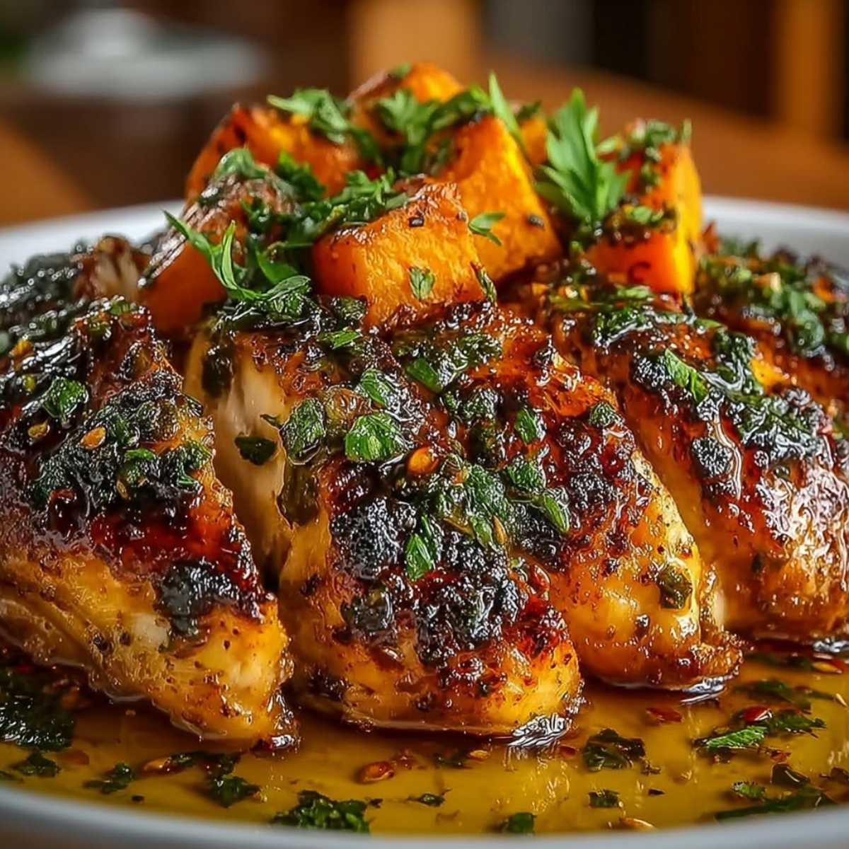 Maple-Glazed Chicken with Sweet Potatoes on a white plate, showcasing its glossy maple glaze and roasted sweet potatoes