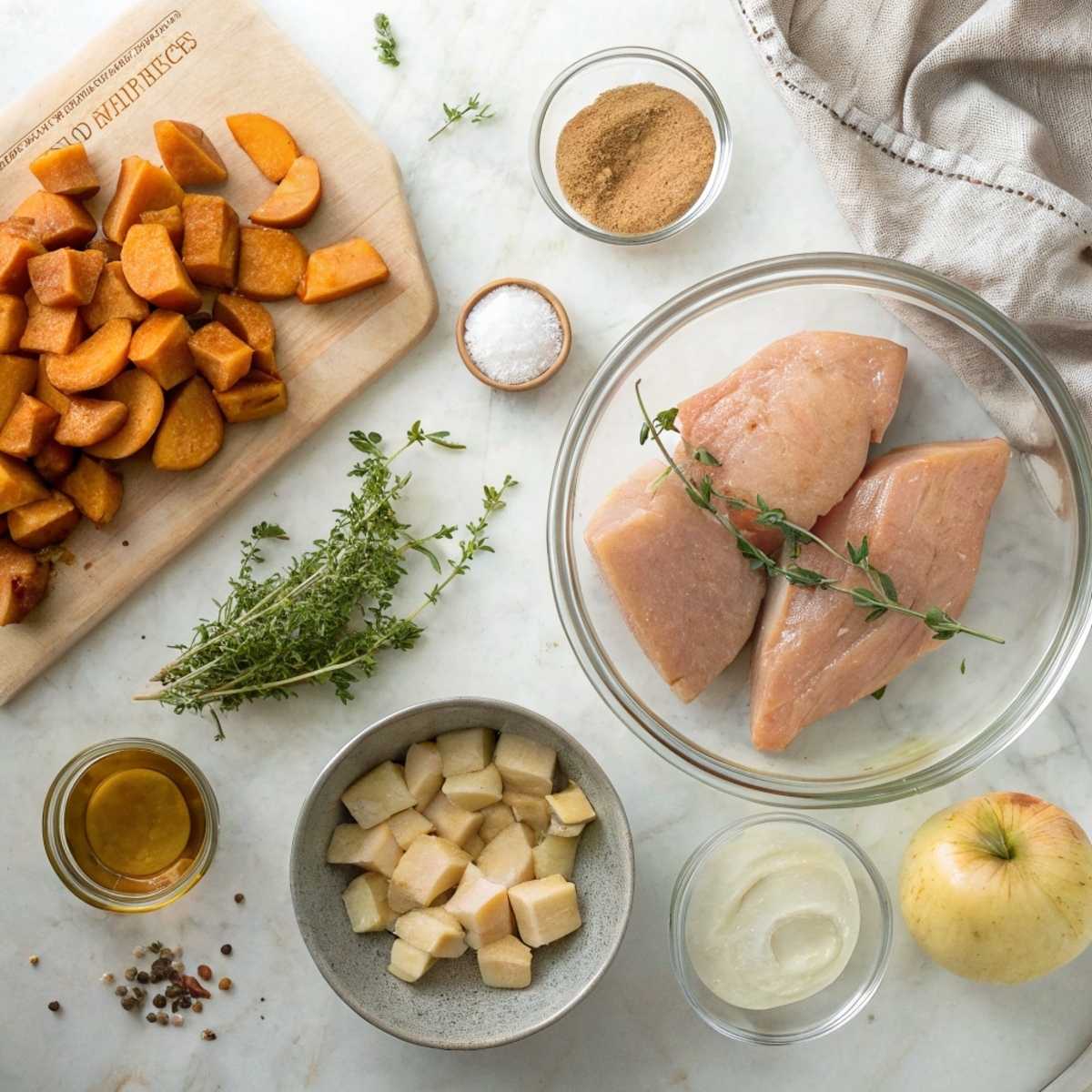 Fresh ingredients for Maple-Glazed Chicken with Sweet Potatoes including chicken, sweet potatoes, apples, and maple syrup arranged on a modern marble surface