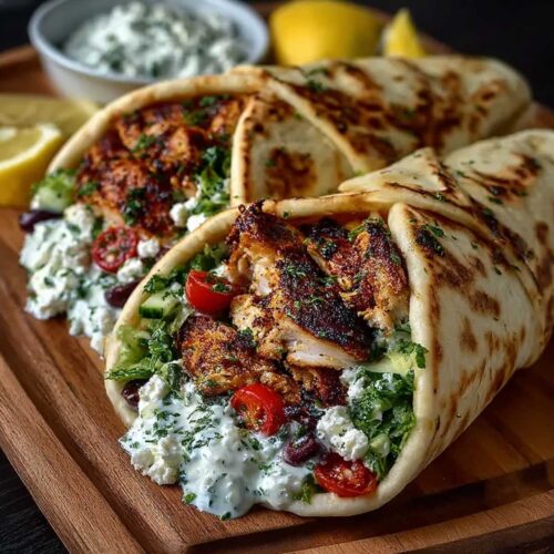 Close-up of Mediterranean Chicken Gyros showing tender grilled chicken and creamy tzatziki sauce, garnished with feta on a wooden serving board