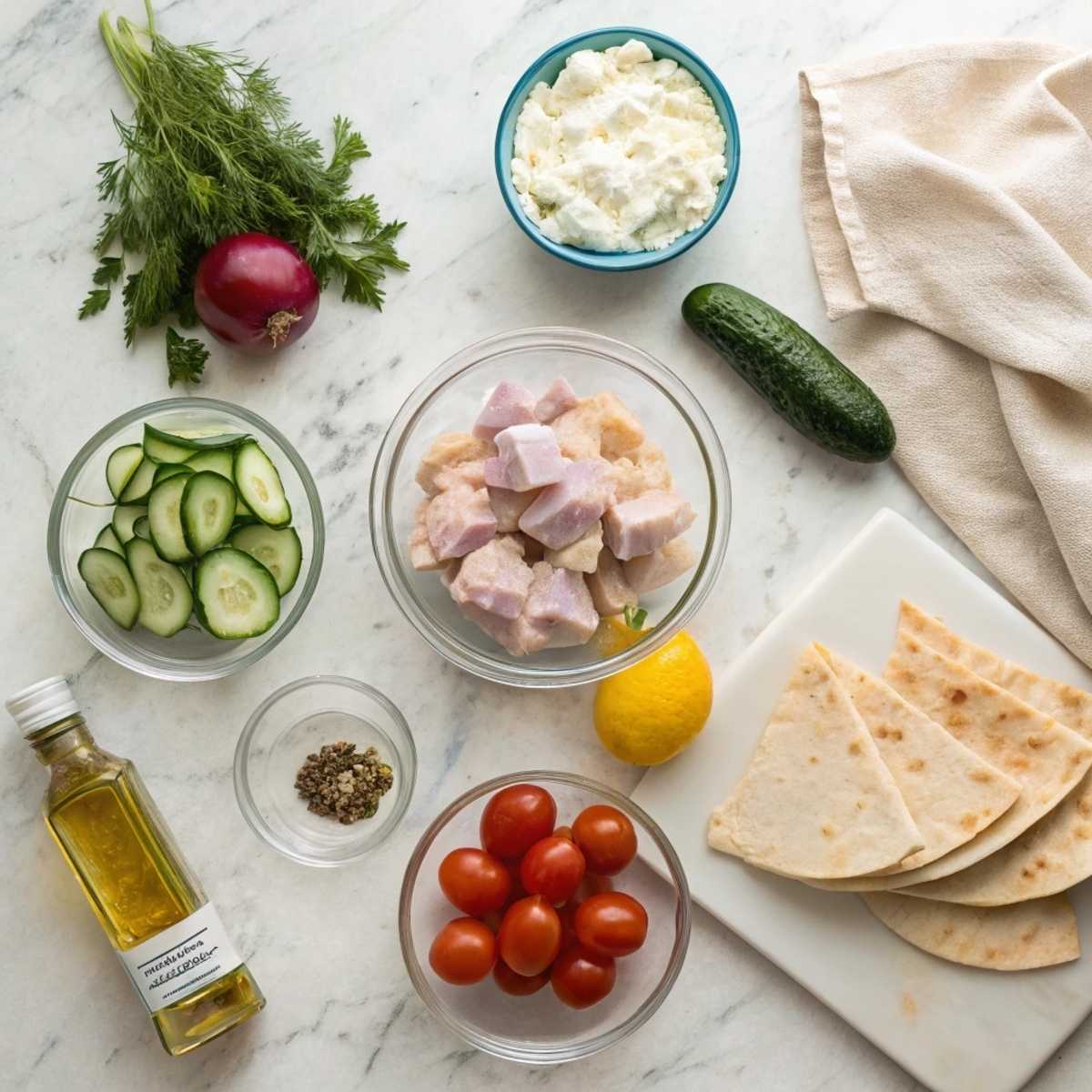 Fresh ingredients for Mediterranean Chicken Gyros including raw chicken, Greek yogurt, a lemon, and cucumber arranged on a modern marble surface