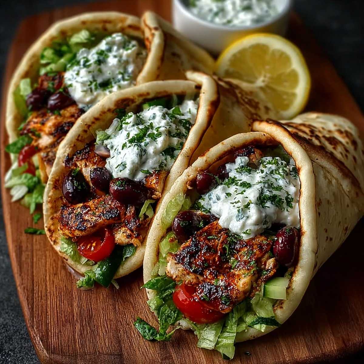 Mediterranean Chicken Gyros on a wooden cutting board, showcasing its tender grilled chicken and creamy tzatziki sauce with fresh tomatoes