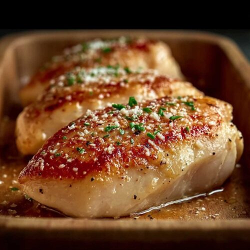 Close-up of Melt in Your Mouth Chicken Breast showing the crispy golden parmesan crust and juicy interior, garnished with parsley on a grey plate.