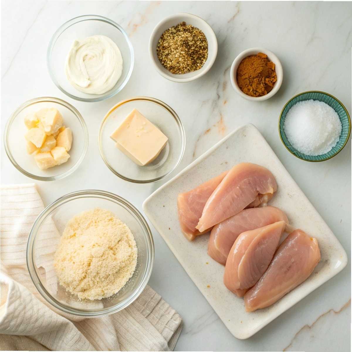 Fresh ingredients for Melt in Your Mouth Chicken Breast including raw chicken, mayonnaise, Parmesan cheese, and spices arranged on a modern marble surface