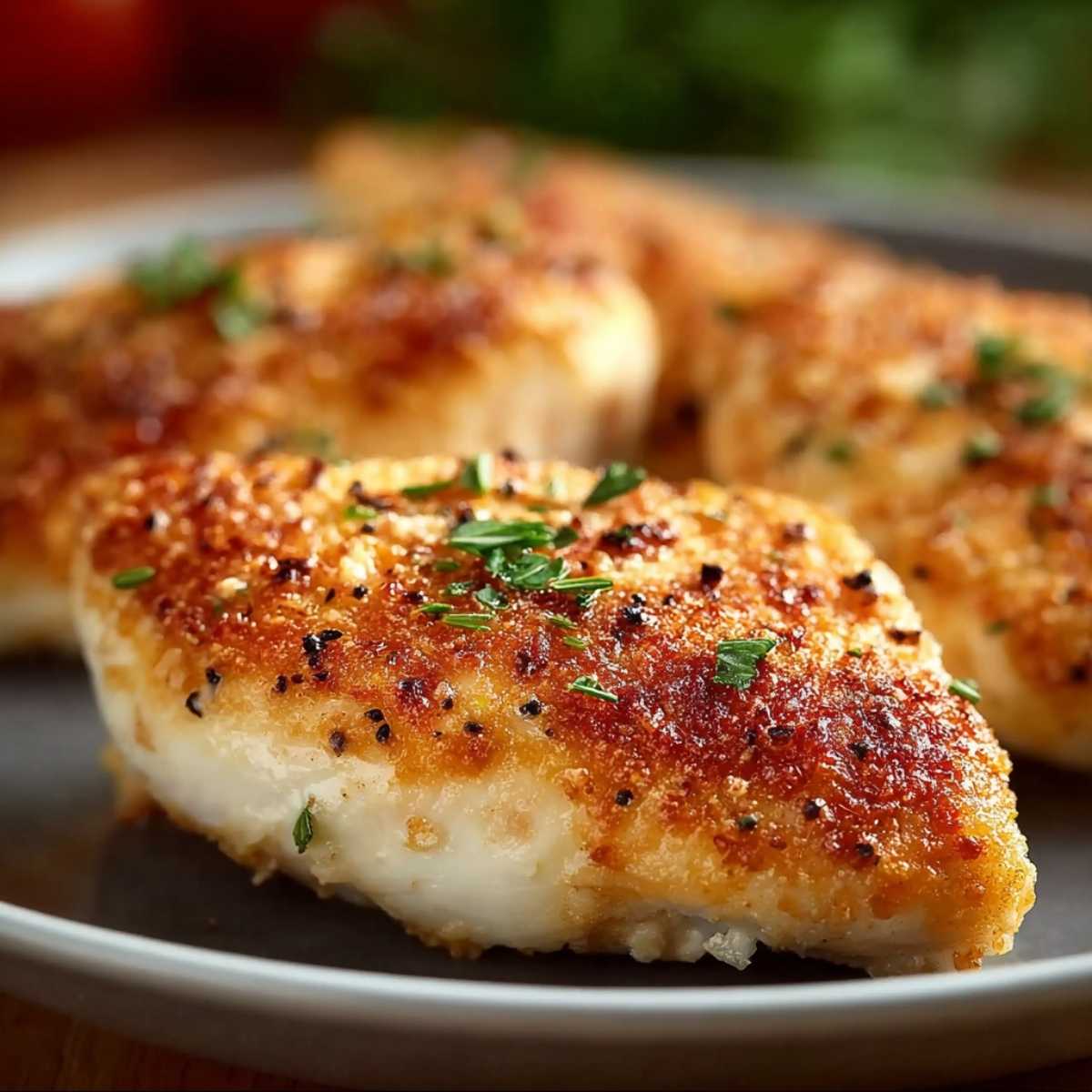 Juicy Melt in Your Mouth Chicken Breasts in a wooden dish, showcasing a golden parmesan crust and parsley garnish