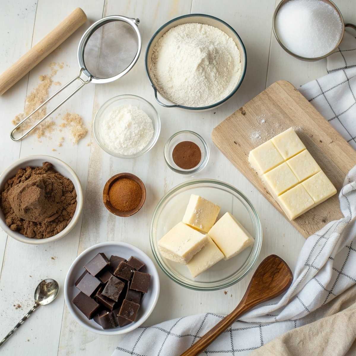 Fresh ingredients for Millionaires Cheesecake Bars including cream cheese, butter, and chocolate arranged on a modern marble surface