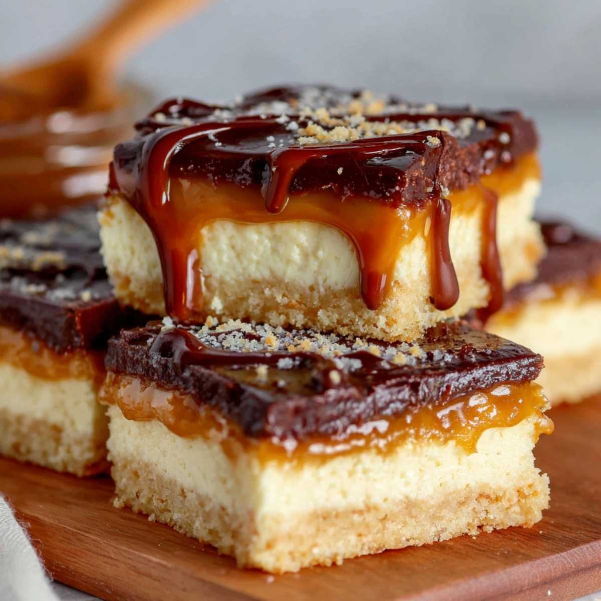 Stacked Millionaires Cheesecake Bars on a wooden board, showing distinct layers of cheesecake, caramel, and chocolate with flaky sea salt