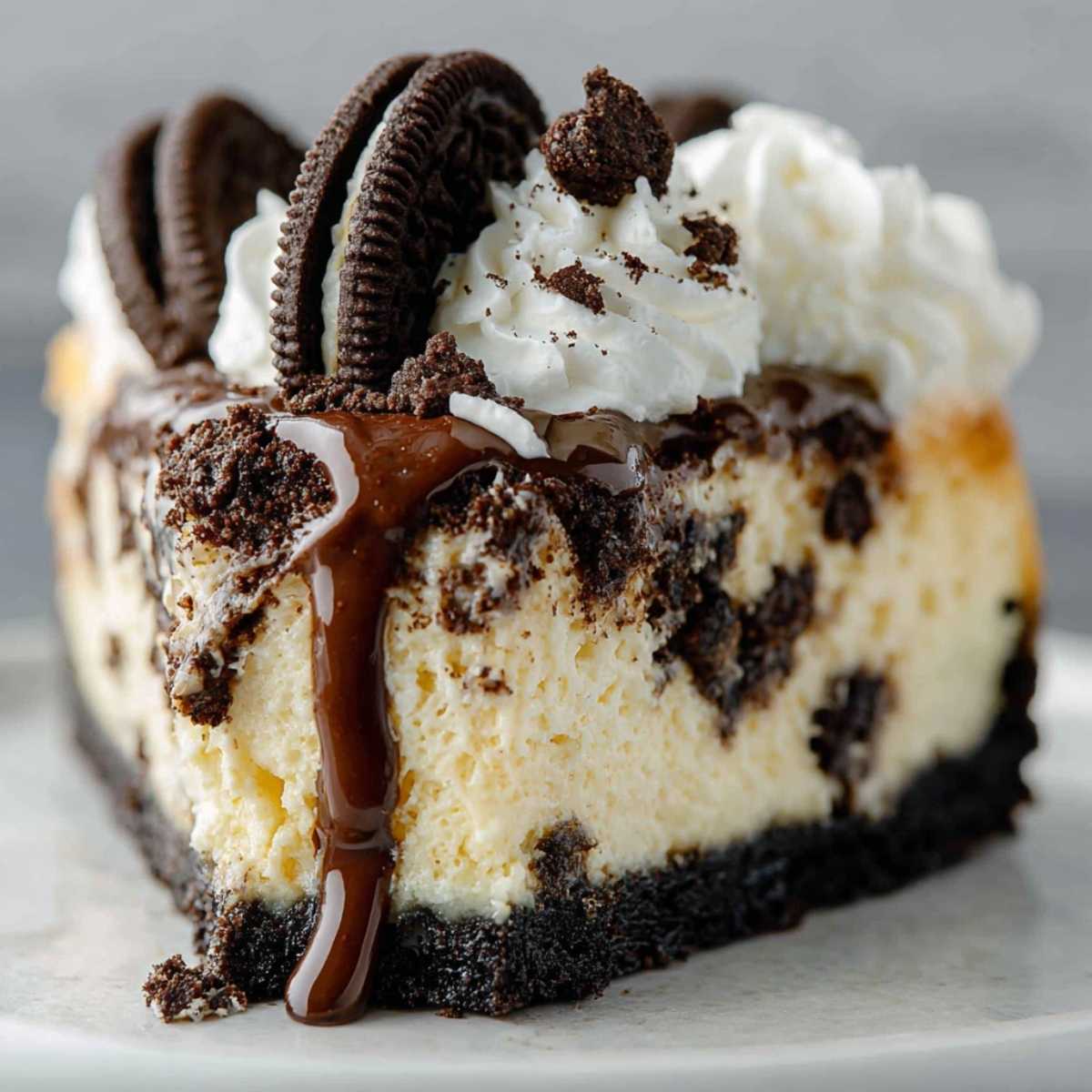Close-up of a slice of Oreo Cheesecake showing its creamy texture and Oreo chunks, garnished with whipped cream and chocolate sauce on a plate