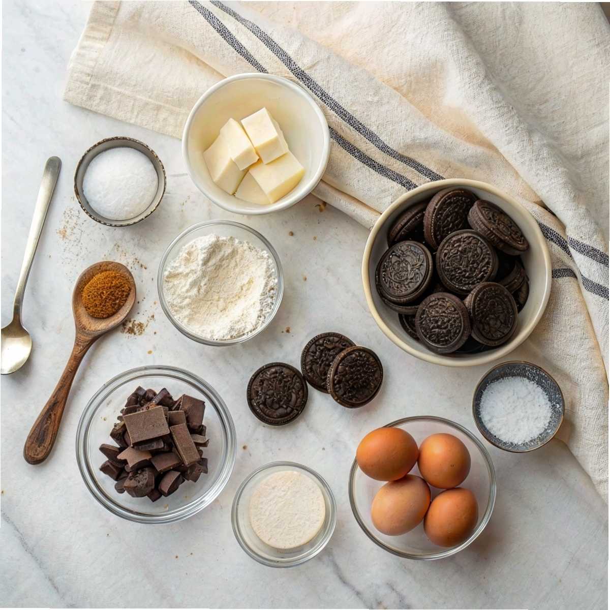 Ingredients for Oreo Cheesecake Recipe including cream cheese, Oreos, and sour cream arranged on a modern marble surface