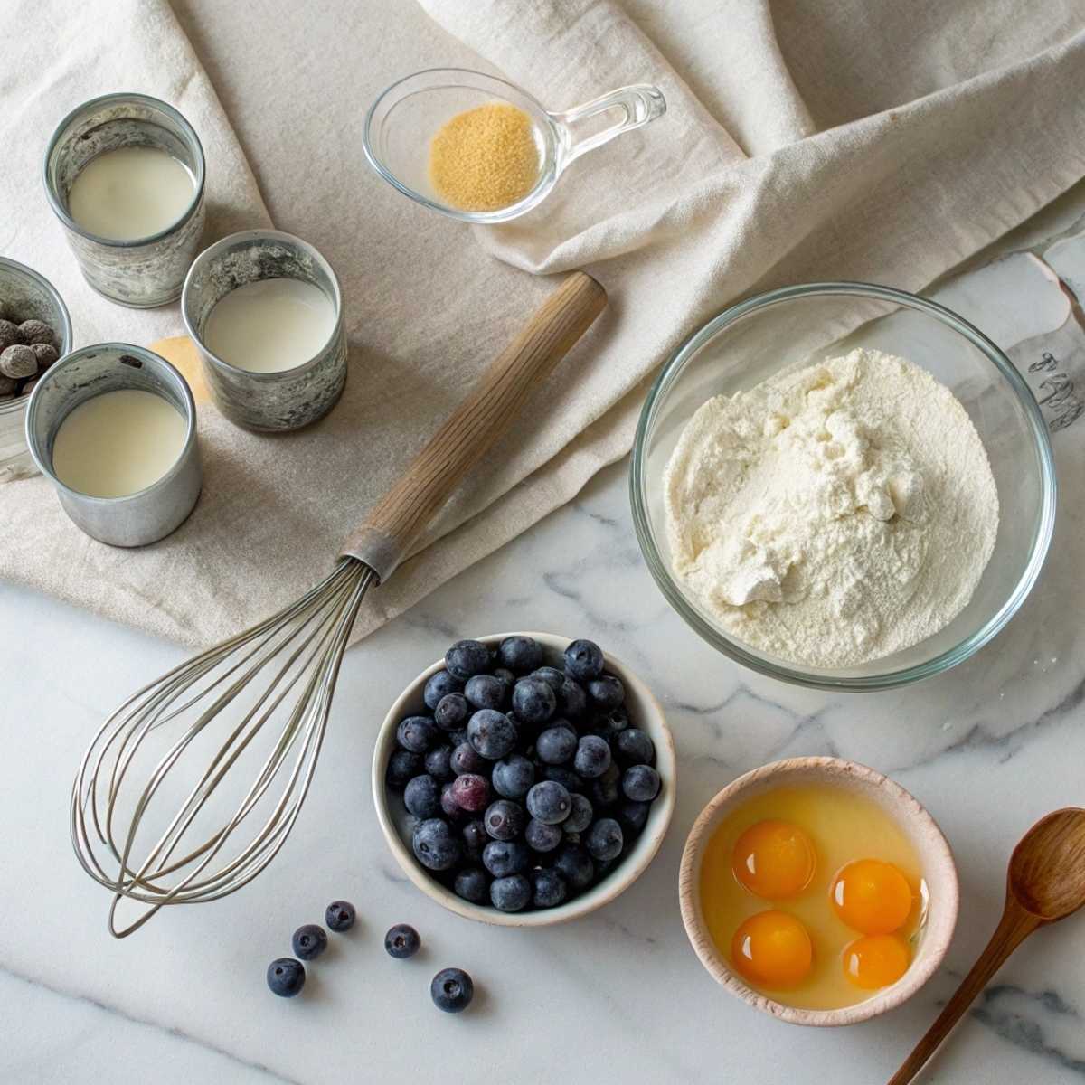 Fresh ingredients for Pancake Poppers including flour, buttermilk, eggs, and baking powder arranged on a modern marble surface