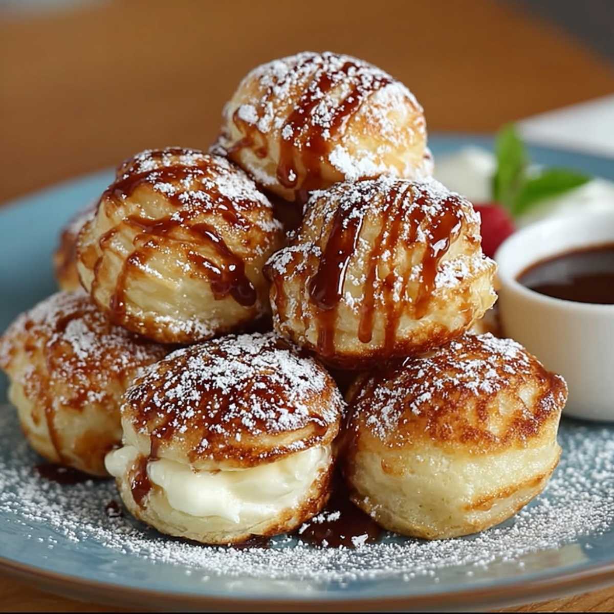 A stack of golden-brown Pancake Poppers on a blue plate, filled with cream, dusted with powdered sugar, and drizzled with syrup