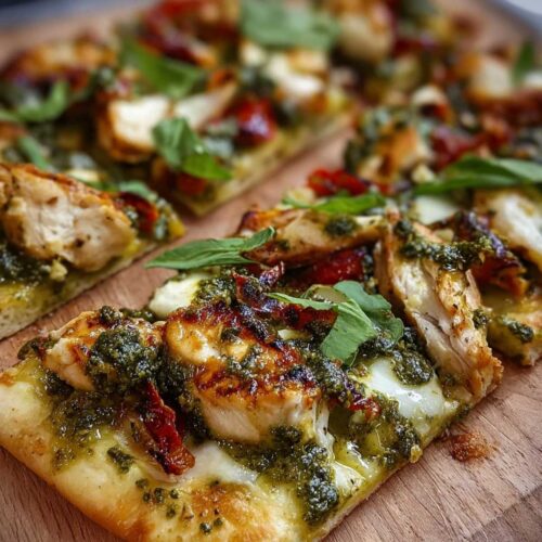 Close-up of Pesto Chicken Flatbread showing melted mozzarella, vibrant green pesto, and grilled chicken on a wooden board.