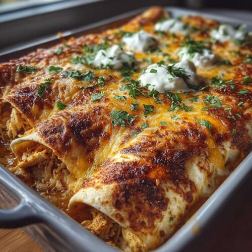 Close-up of Protein Chicken Enchiladas showing golden brown cheese and creamy filling, garnished with sour cream and diced tomatoes on a grey platter