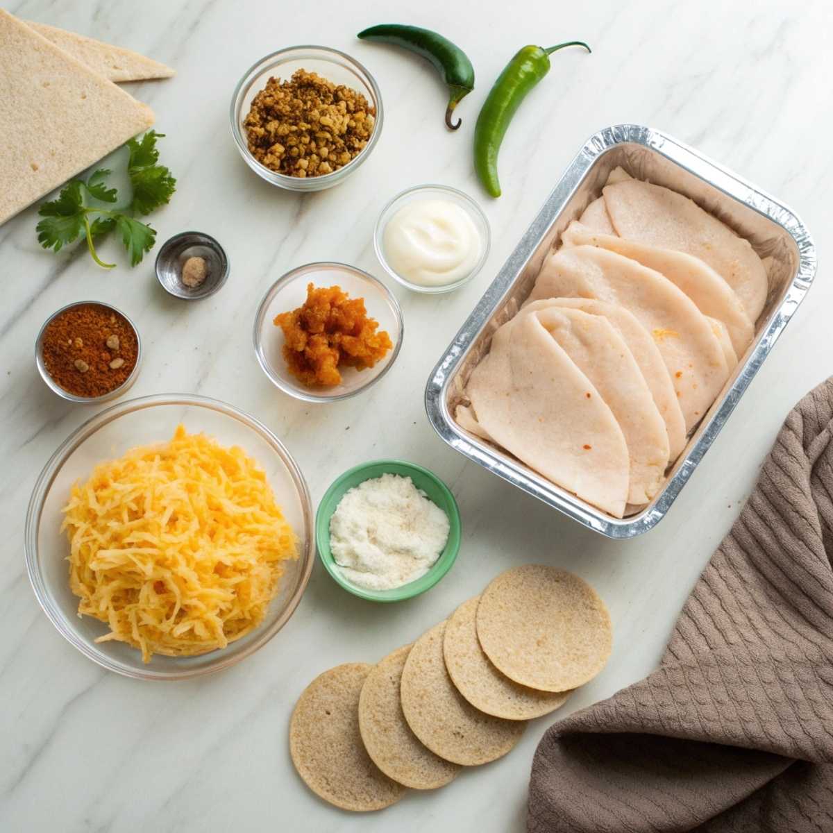 Fresh ingredients for Protein Chicken Enchiladas including ground chicken, cottage cheese, and Greek yogurt arranged on a modern marble surface