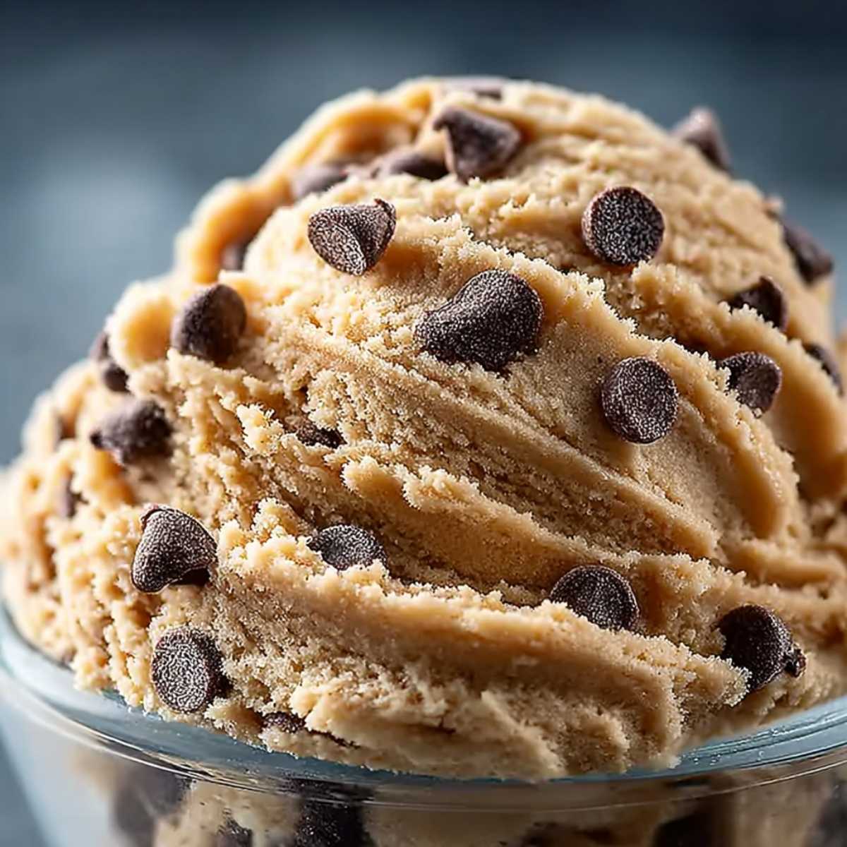 Close-up of protein cookie dough showing its creamy texture and rich chocolate chips, served in a clear glass bowl