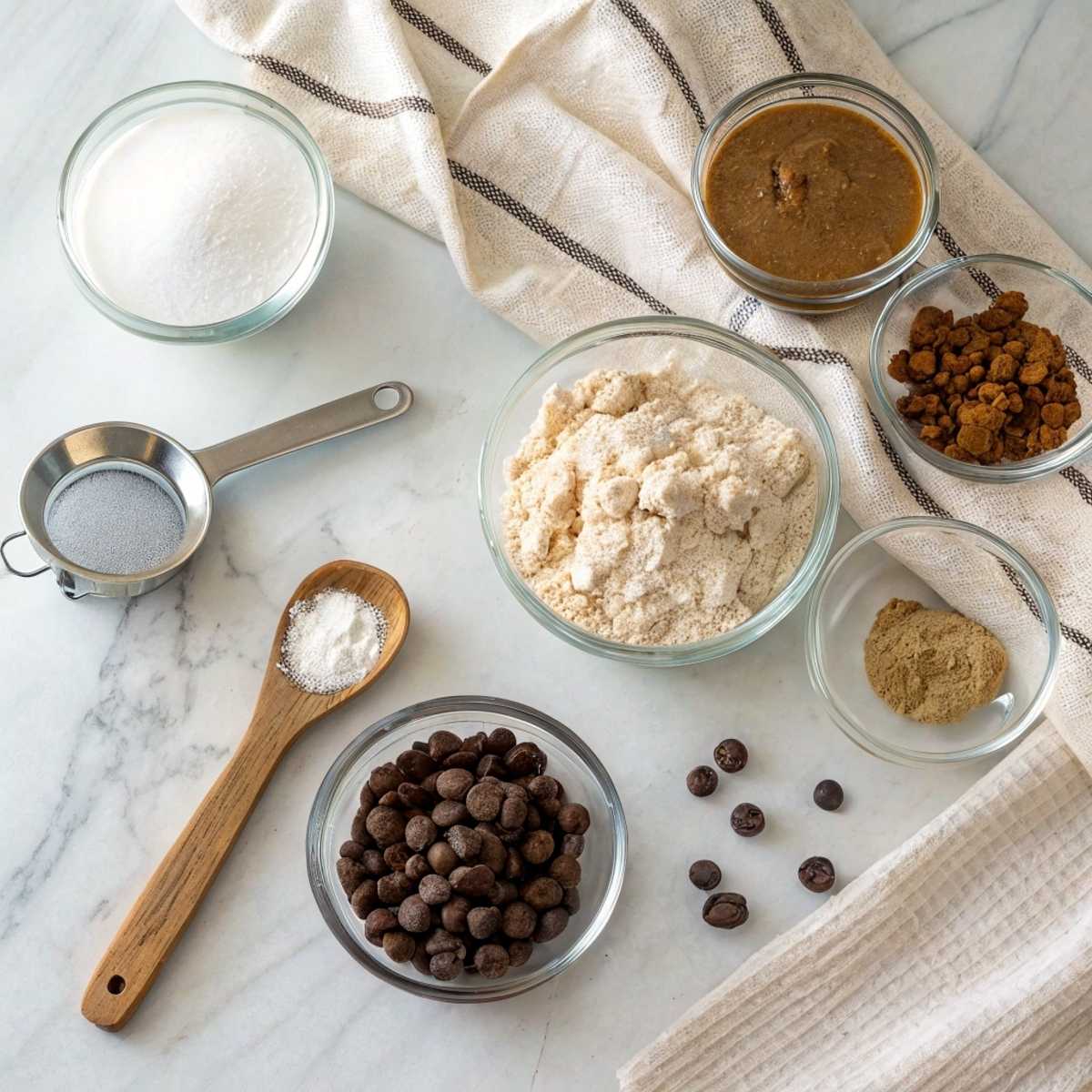 Ingredients for protein cookie dough like Greek yogurt, protein powder, and chocolate chips arranged on a modern marble surface