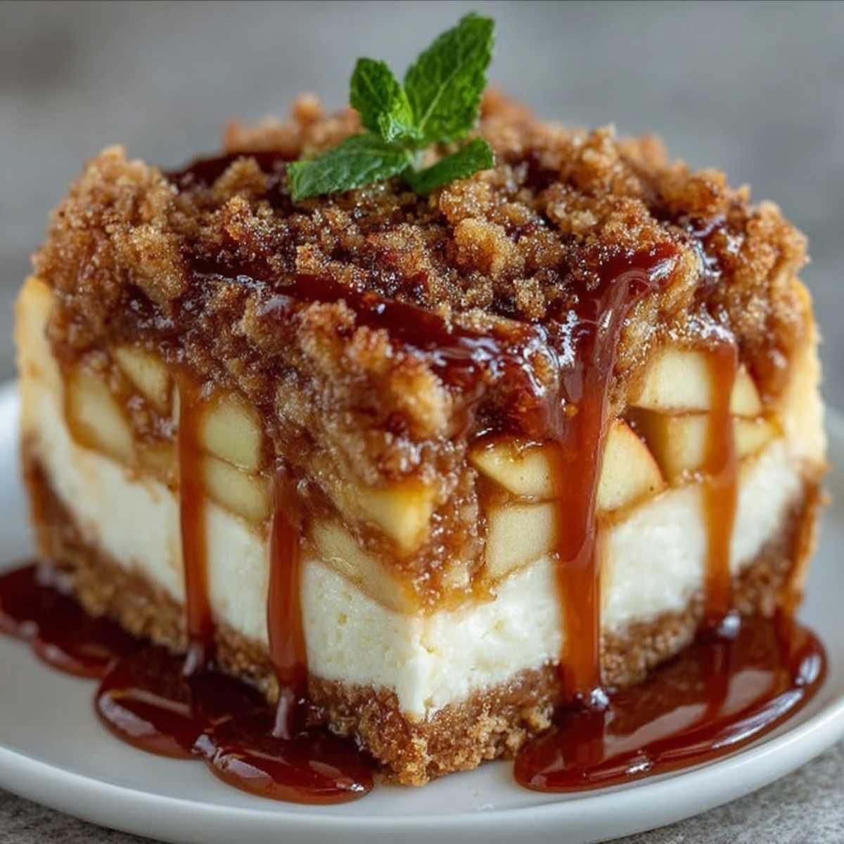 Close-up of Salted Caramel Apple Pie Cheesecake showing its crunchy crumble texture and creamy layers, garnished with fresh mint on a plate