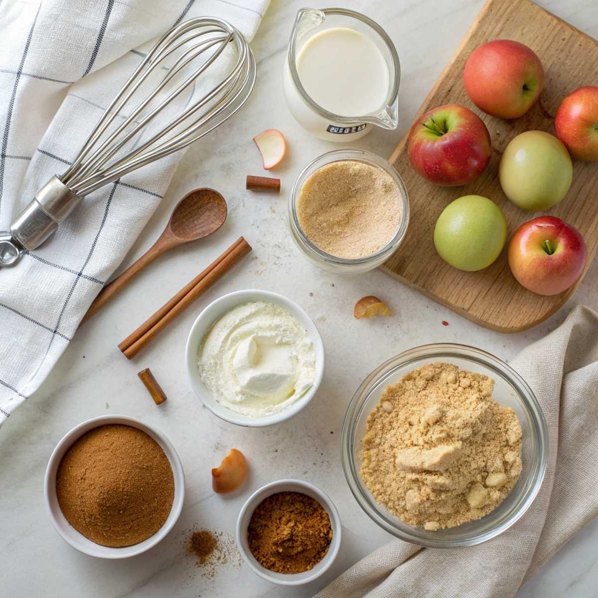 Fresh ingredients for Salted Caramel Apple Pie Cheesecake including cream cheese, granny smith apples, brown sugar, and graham crackers arranged on a modern marble surface