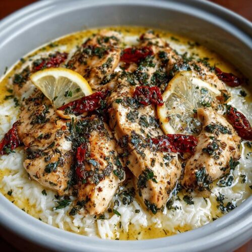 Close-up of Slow Cooker Lemon Herb Chicken and Rice showing golden chicken and fluffy rice, garnished with fresh parsley and lemon slices in a white bowl.