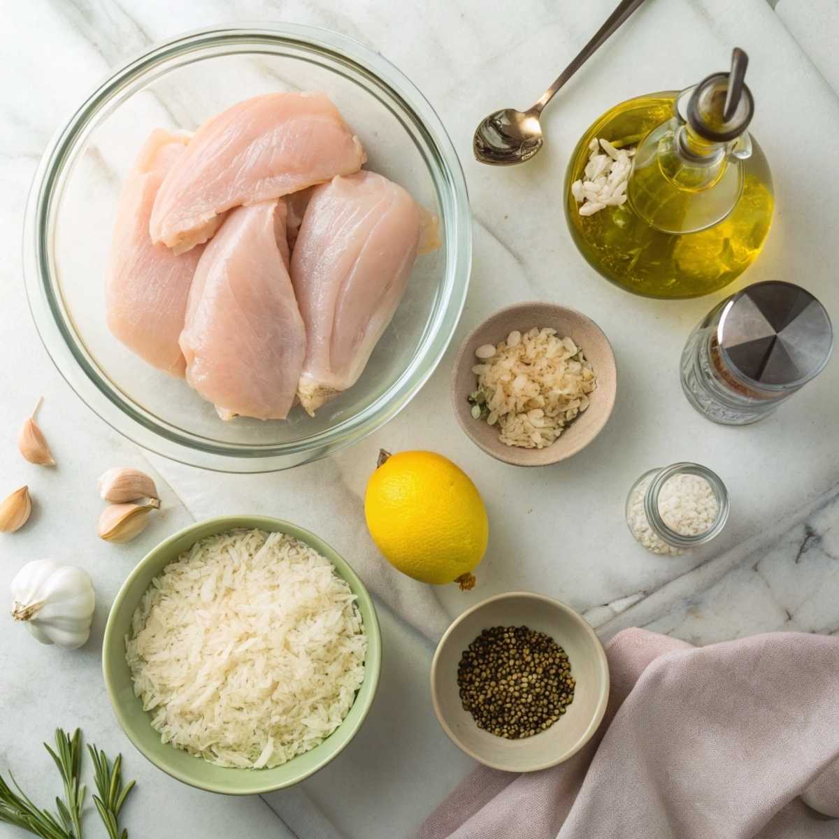 Fresh ingredients for Slow Cooker Lemon Herb Chicken and Rice including chicken breasts, jasmine rice, a whole lemon, and herbs arranged on a modern marble surfac