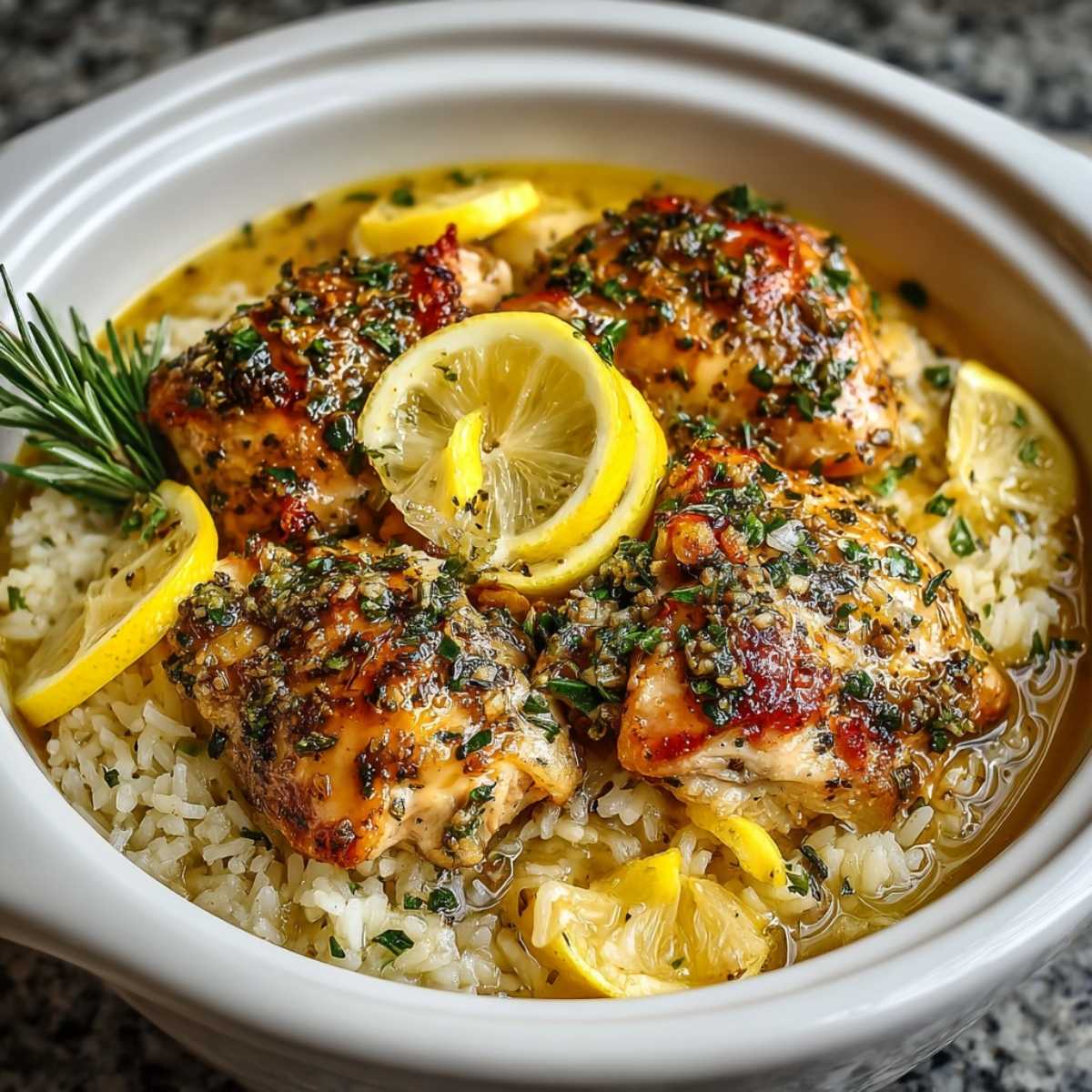 Slow Cooker Lemon Herb Chicken and Rice in a white slow cooker, showcasing its golden-brown chicken pieces, fluffy rice, and fresh lemon slices