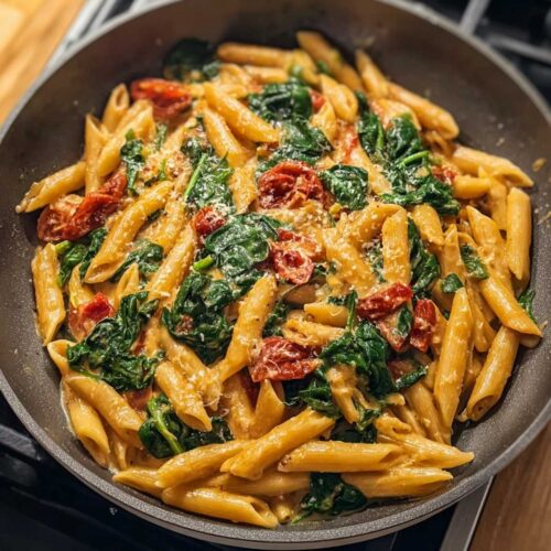 Close-up of Spinach Tomato Pasta in a white bowl, showing creamy sauce, burst cherry tomatoes, and wilted spinach on penne pasta