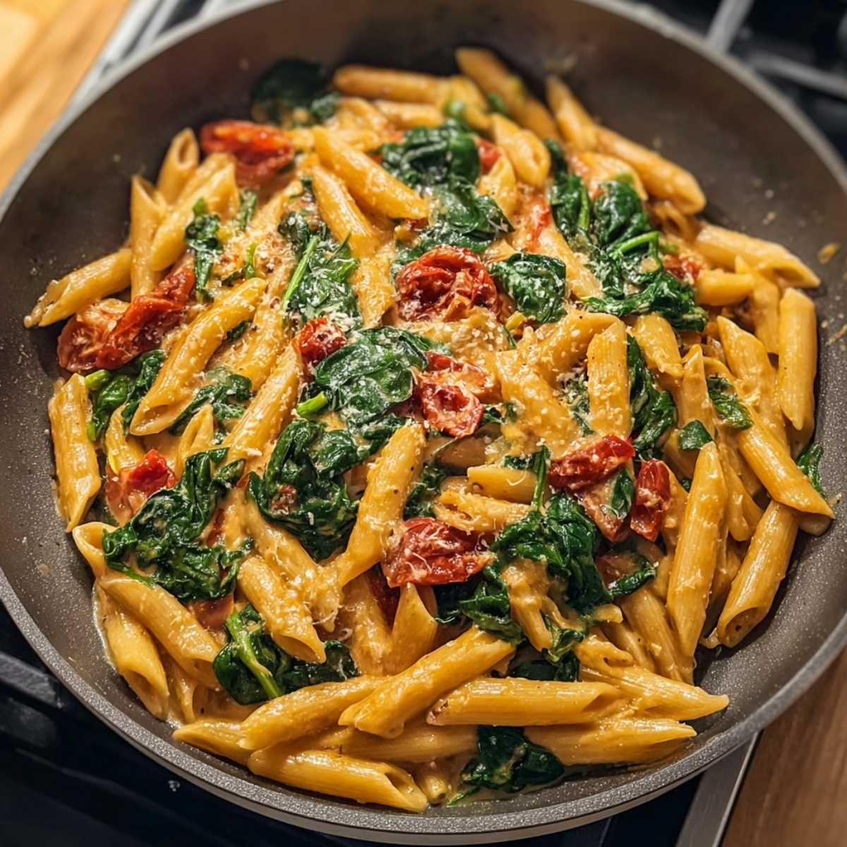 Close-up of Spinach Tomato Pasta in a white bowl, showing creamy sauce, burst cherry tomatoes, and wilted spinach on penne pasta
