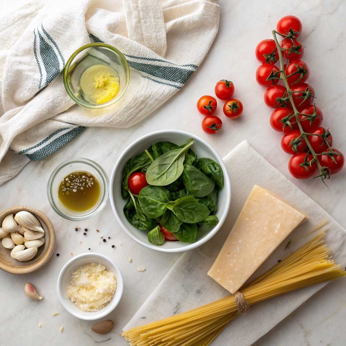 Fresh ingredients for Spinach Tomato pasta including cherry tomatoes, baby spinach, garlic, and pasta arranged on a modern marble surface