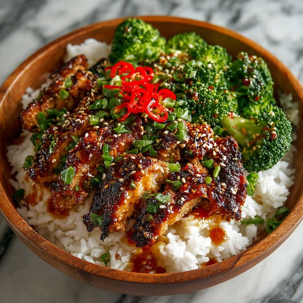 Close-up of Sticky Chicken Rice Bowl showing glossy honey soy chicken and broccoli, garnished with sesame seeds and chili in a wooden bowl.
