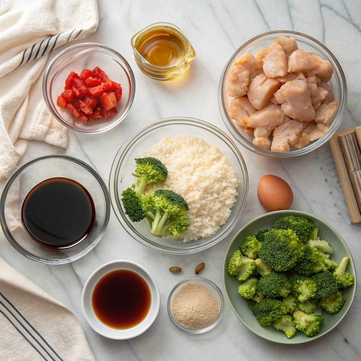 Fresh ingredients for Sticky Chicken Rice Bowls including chicken, soy sauce, honey, and broccoli arranged on a modern marble surface