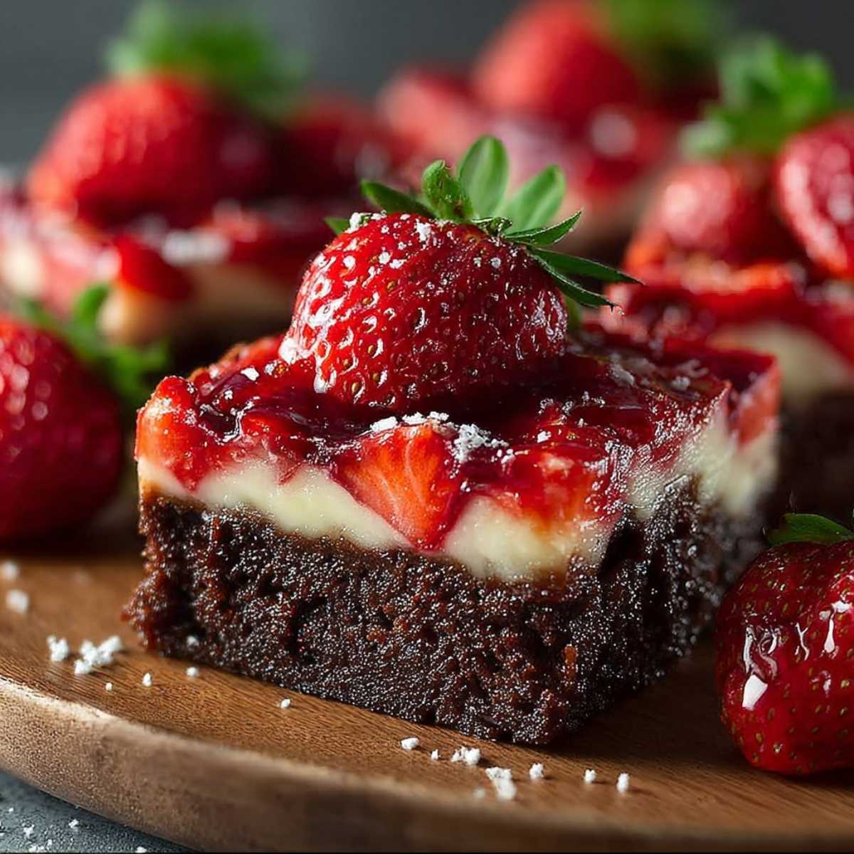 Close-up of a Strawberry Cheesecake Brownie showing its moist brownie base and glossy strawberry topping, served on a wooden plate