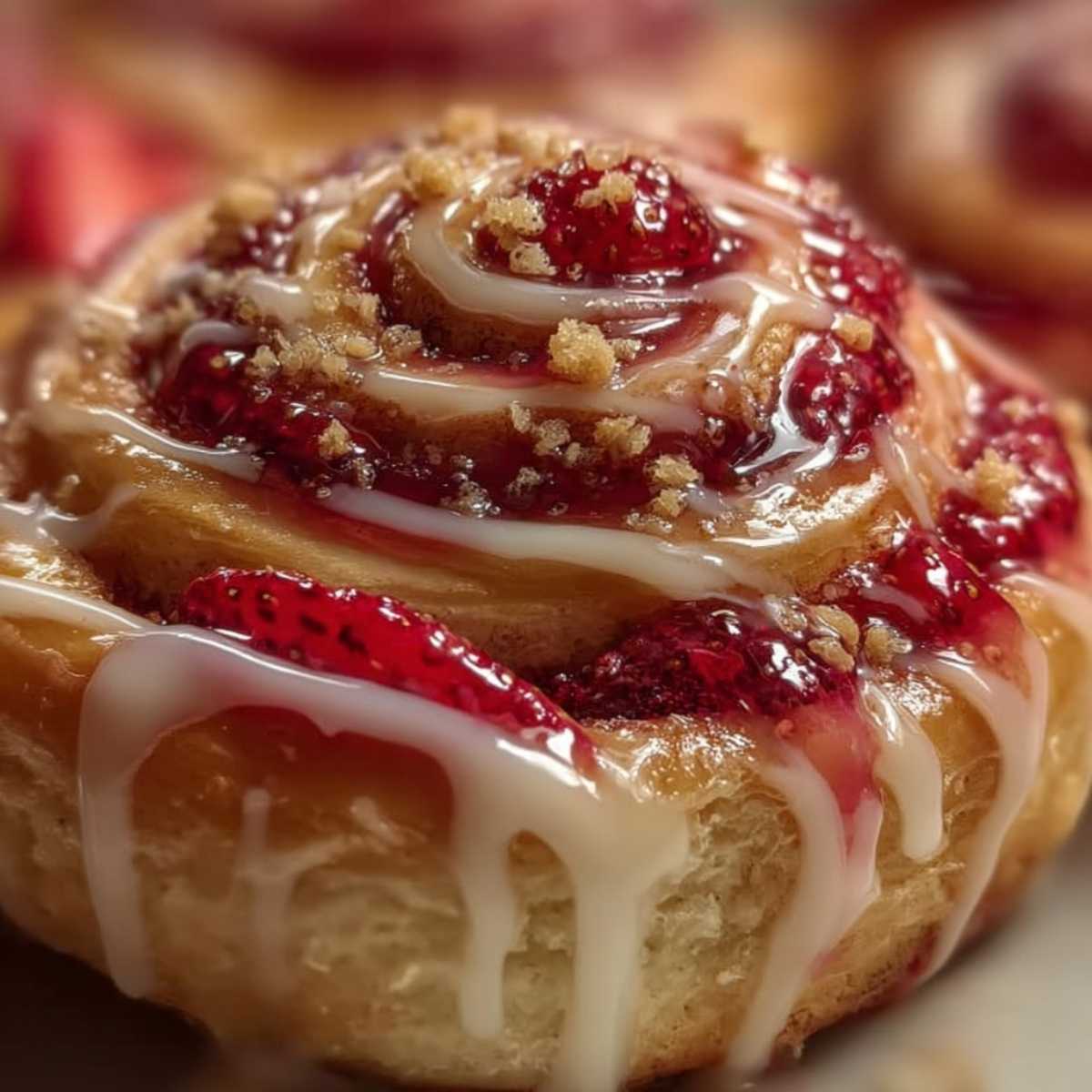 A batch of Strawberry Cheesecake Cinnabon Rolls on a white plate, showcasing the gooey cream cheese frosting, graham cracker crumble, and a fresh strawberry slice on top