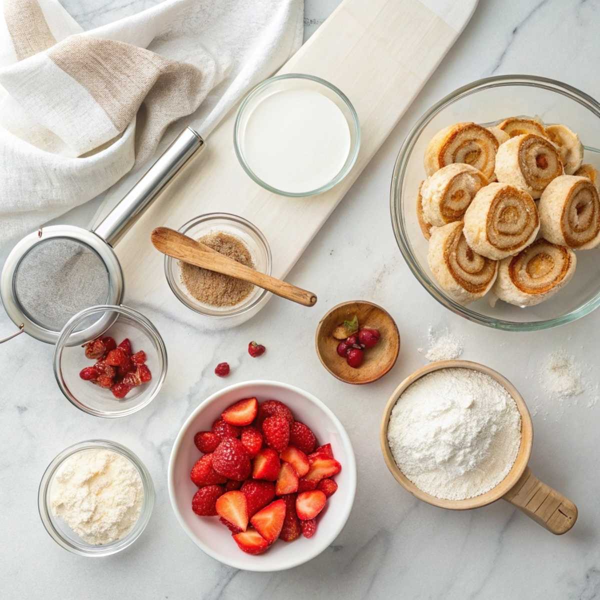 Fresh ingredients for Strawberry Cheesecake Cinnabon Rolls including flour, cream cheese, fresh strawberries, and brown sugar arranged on a modern marble surface