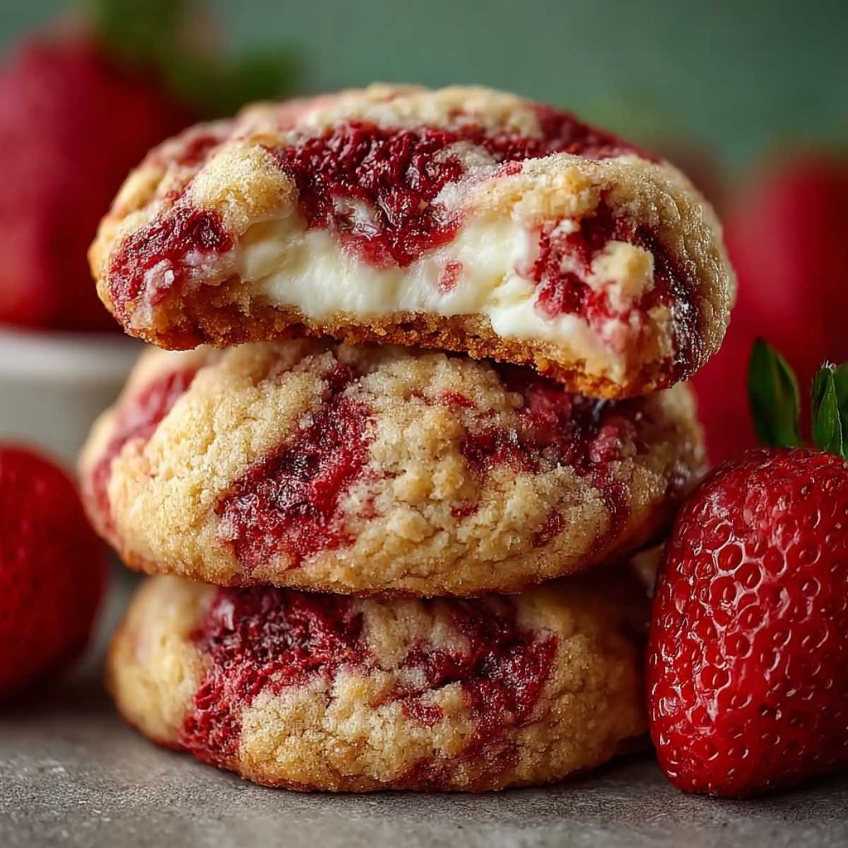 Close-up of Strawberry Cheesecake Cookies showing a soft texture and creamy cheesecake filling, next to a fresh strawberry