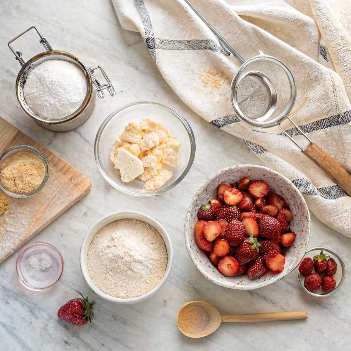 Fresh ingredients for Strawberry Cheesecake Cookies including flour, cream cheese, freeze-dried strawberries, and butter arranged on a modern marble surface